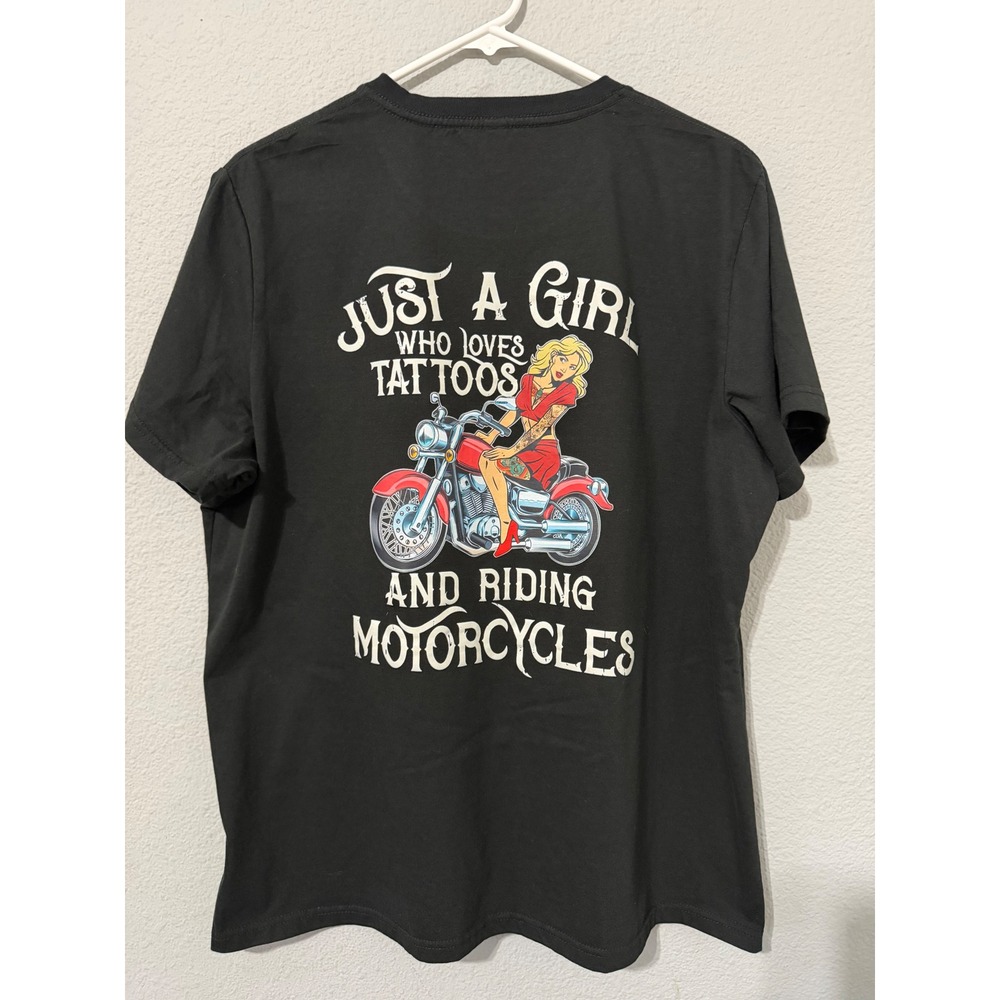 Chicyea Tee 3XL Black Graphic Just A Girl Who Loves Tattoos Riding Motorcycles
